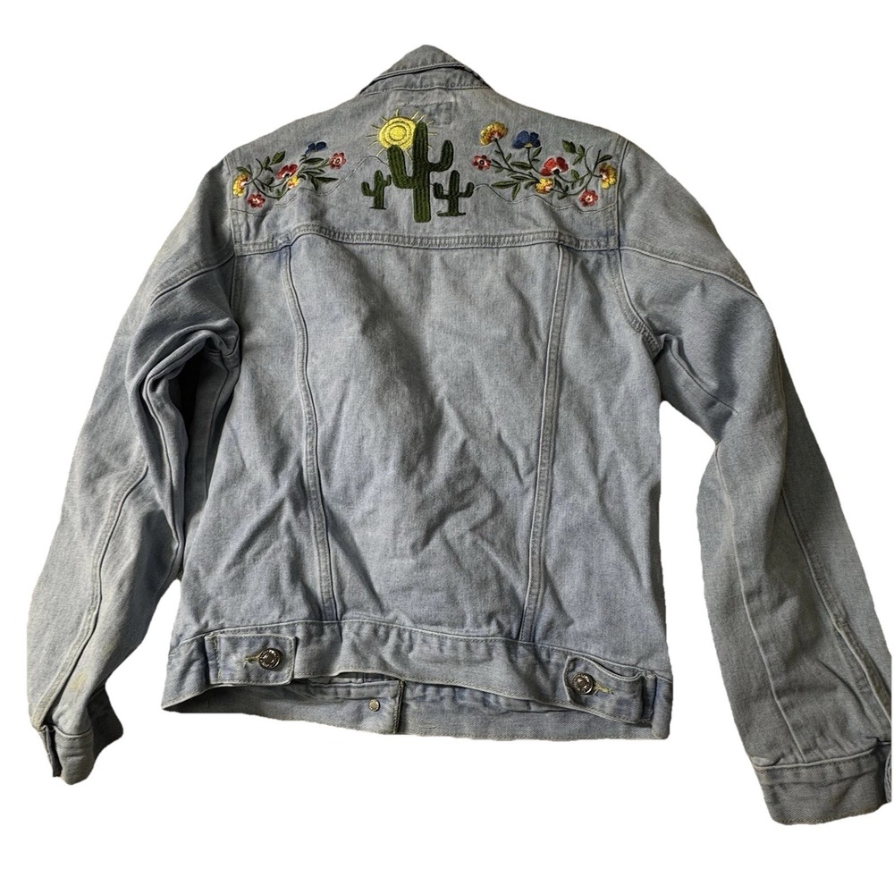 Forever 21 Embroidered Denim Jean Jacket Size Small Desert Cactus Floral Cowgirl